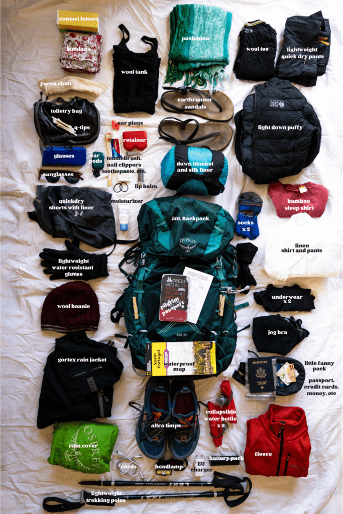 a detailed labeled camino de santiago packing list