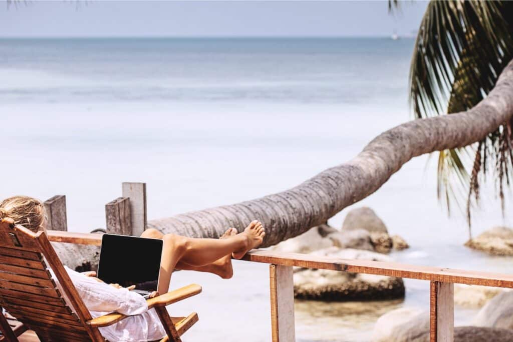 woman working on the beach