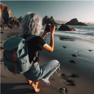 a woman takes photos on the beach