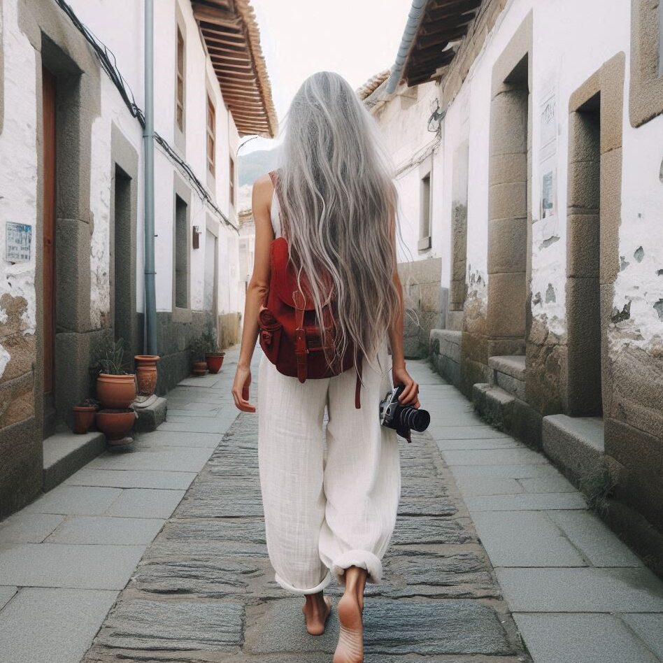 solo female travel 50+ senior walking backpack portugal
